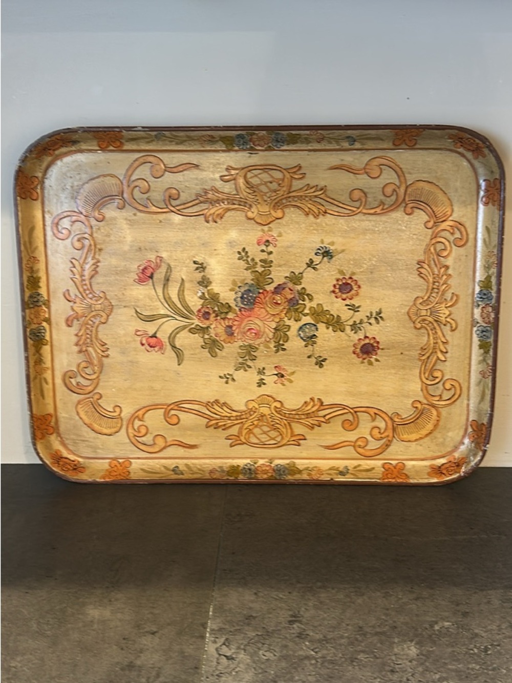 Vintage Floral Decorative Paper Mache Tray in Tan, Gold, Pink, Green